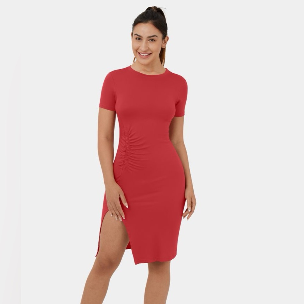 Halara Everyday Ruched Split Hem Midi Chill Dress-Wonder in Haute Red